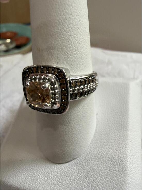 Sterling Silver Ring with Brown and Clear Stones Size 9